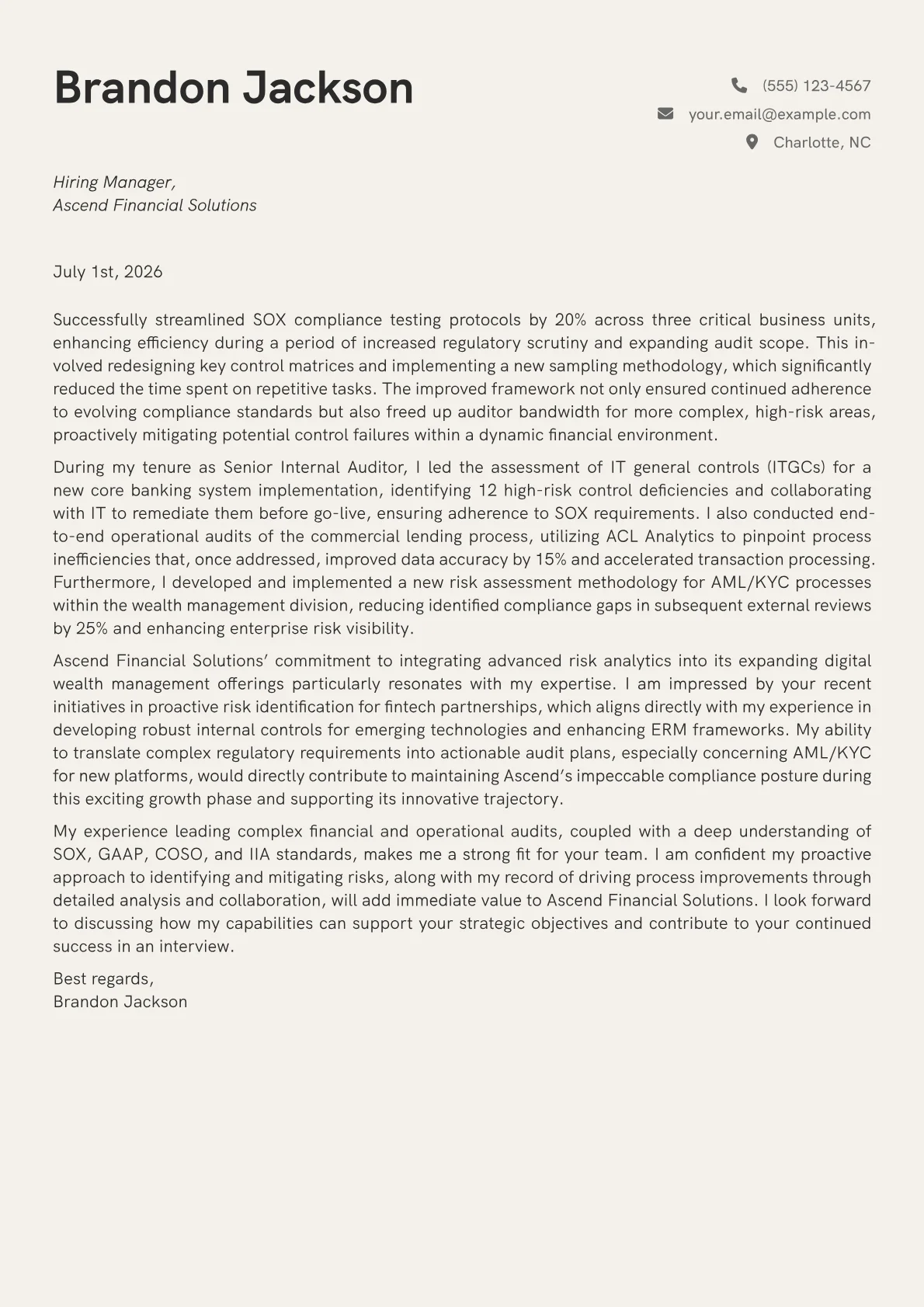 Internal Auditor cover letter formatted with a JobSprout template
