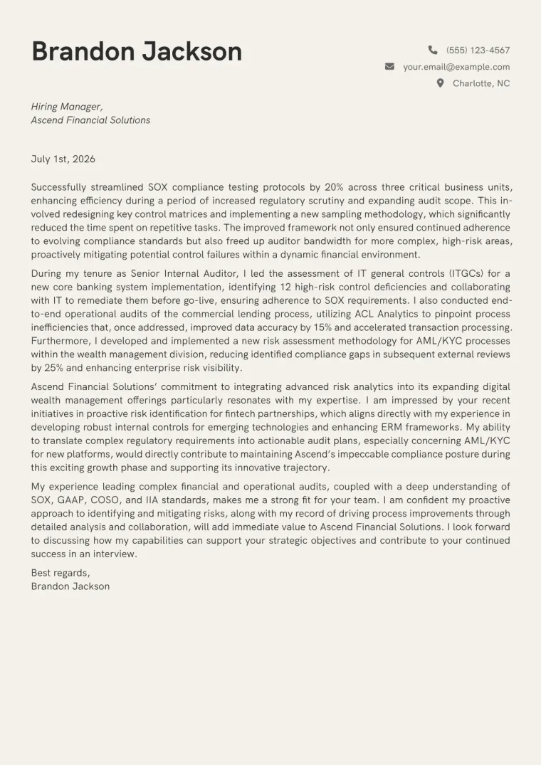 Internal Auditor Cover Letter Example