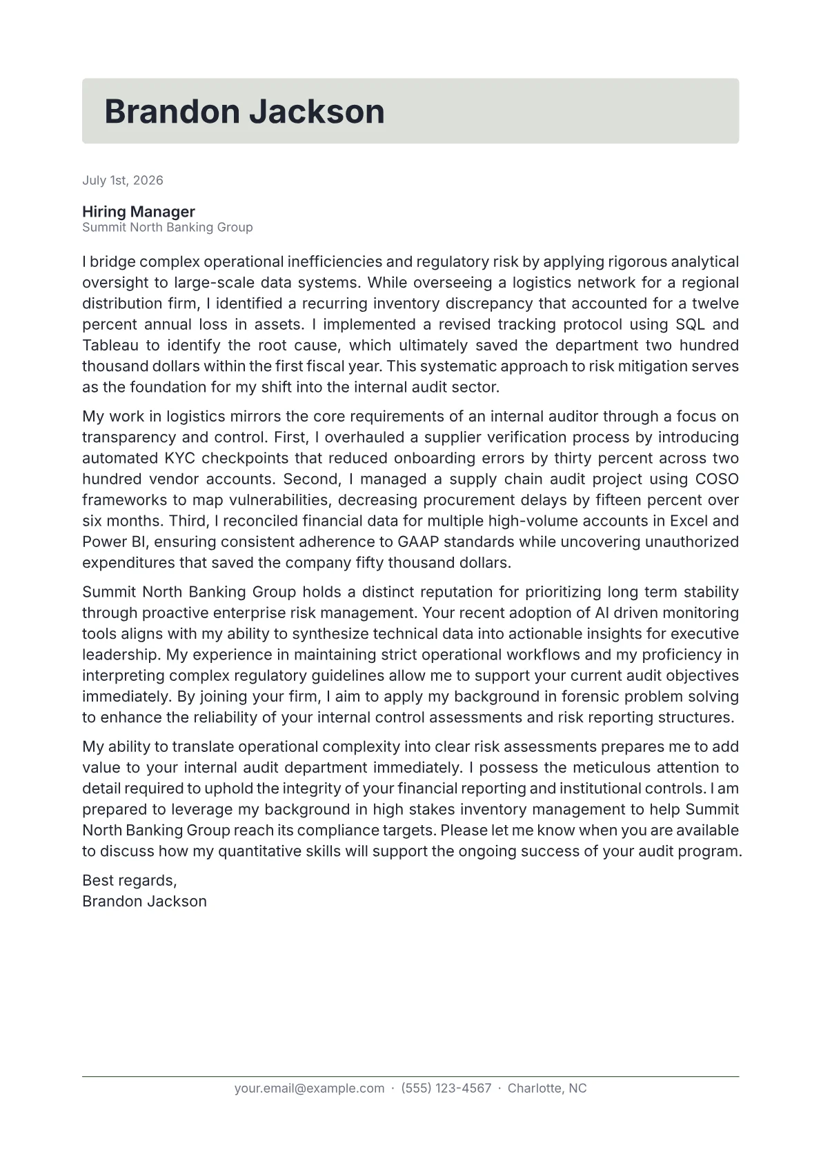 Internal Auditor cover letter in the Letterhead design