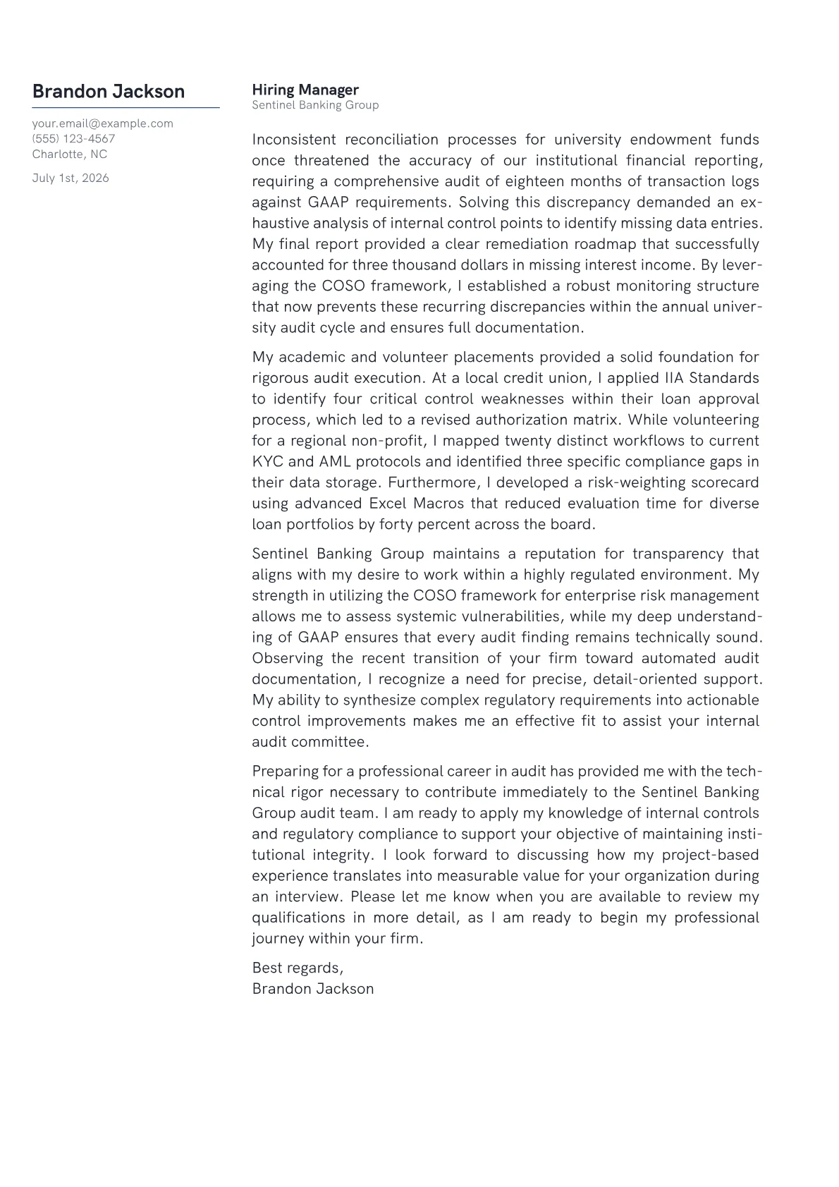 Internal Auditor cover letter in the Margin design