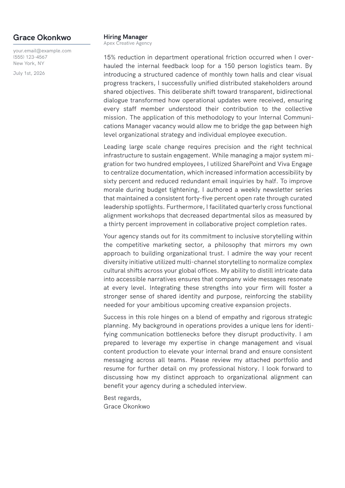 Internal Communications Manager cover letter in the Margin design