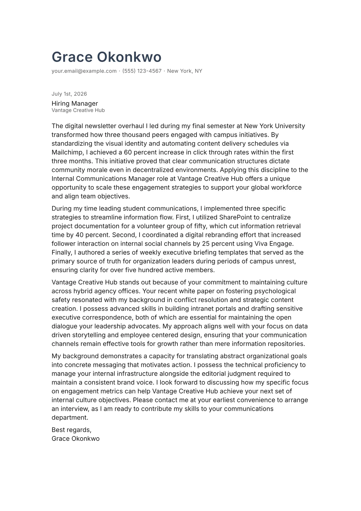 Internal Communications Manager cover letter in the Minimal design