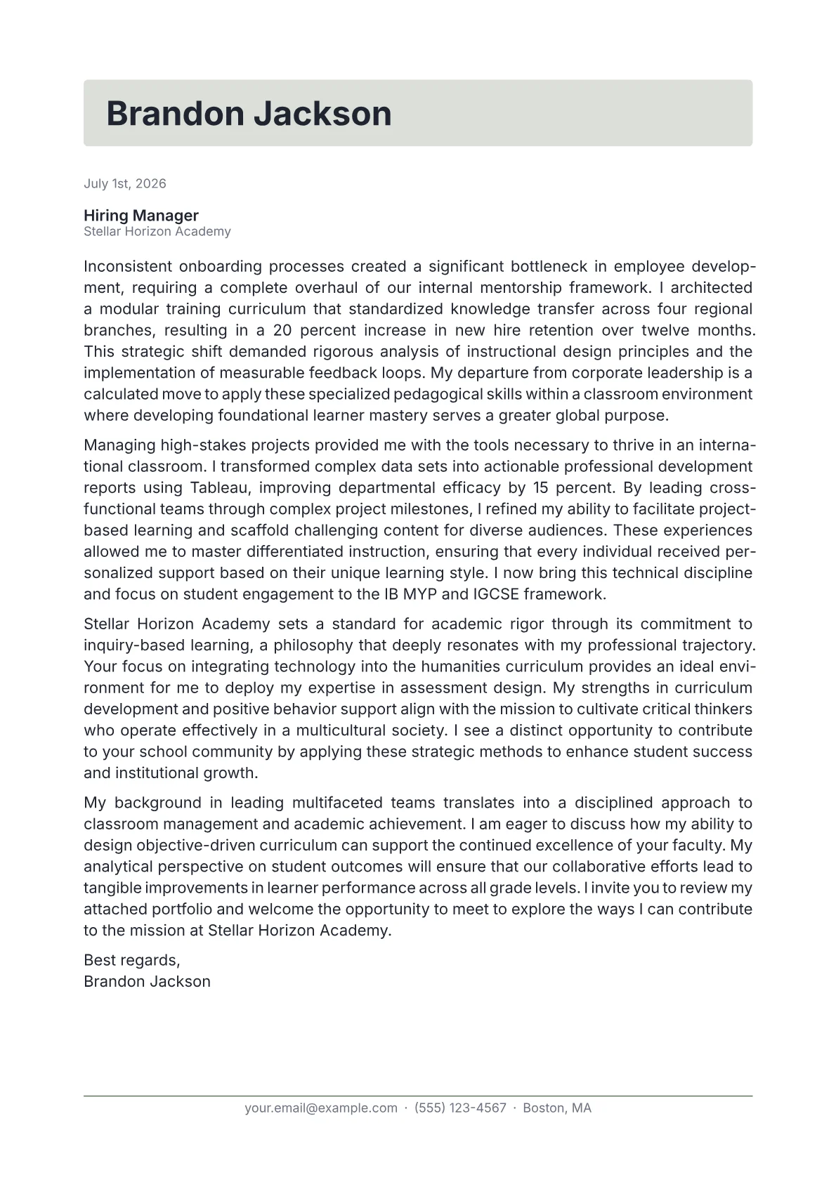 International School Teacher Cover Letter Example (2026)
