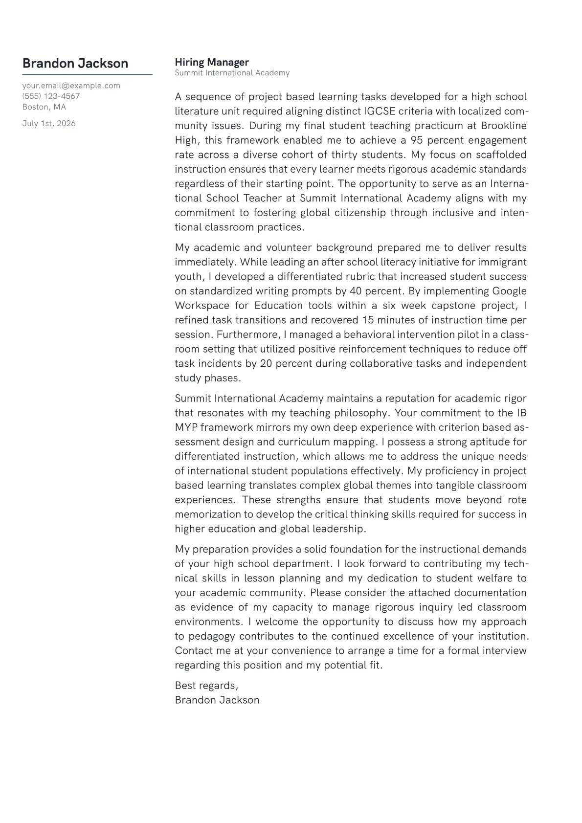 Technical Documents Layout Examples International School Teacher Cover Letter Example (2026)