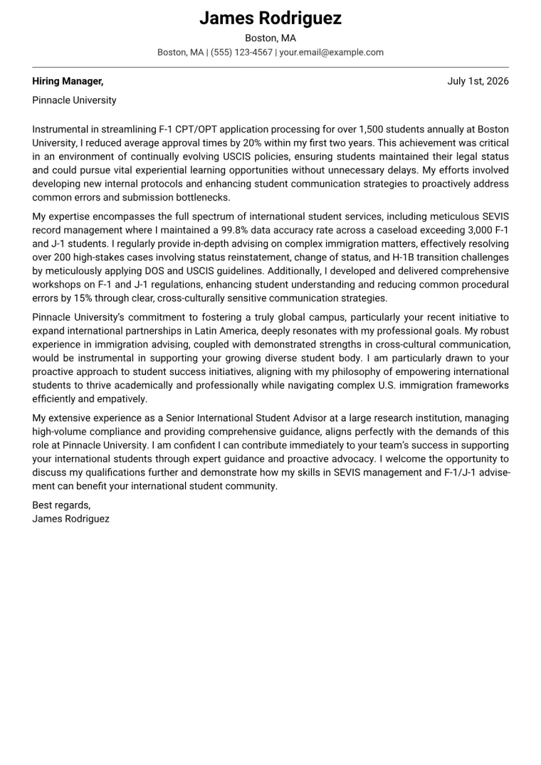 International Student Advisor cover letter example preview