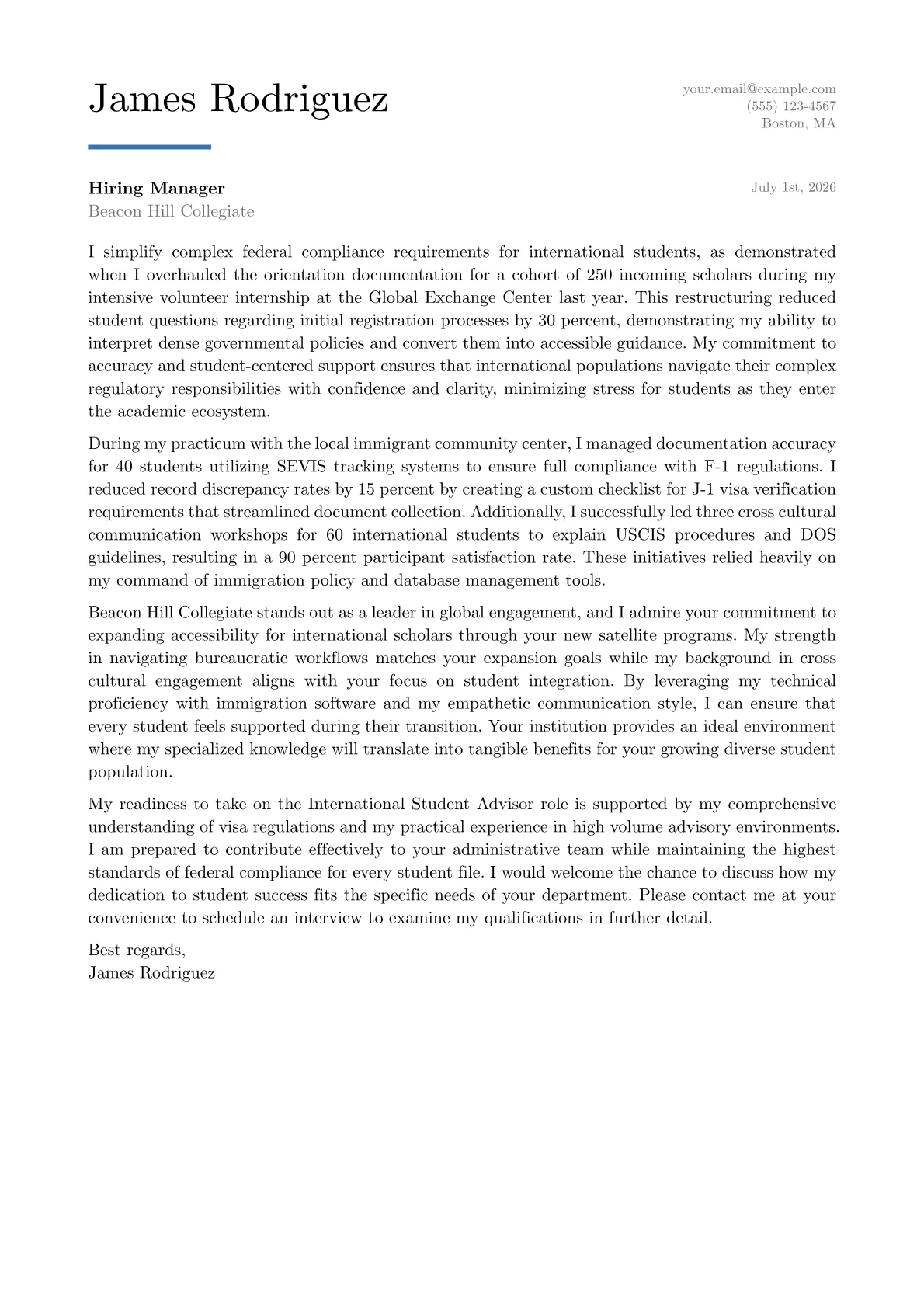 International Student Advisor cover letter in the Executive design