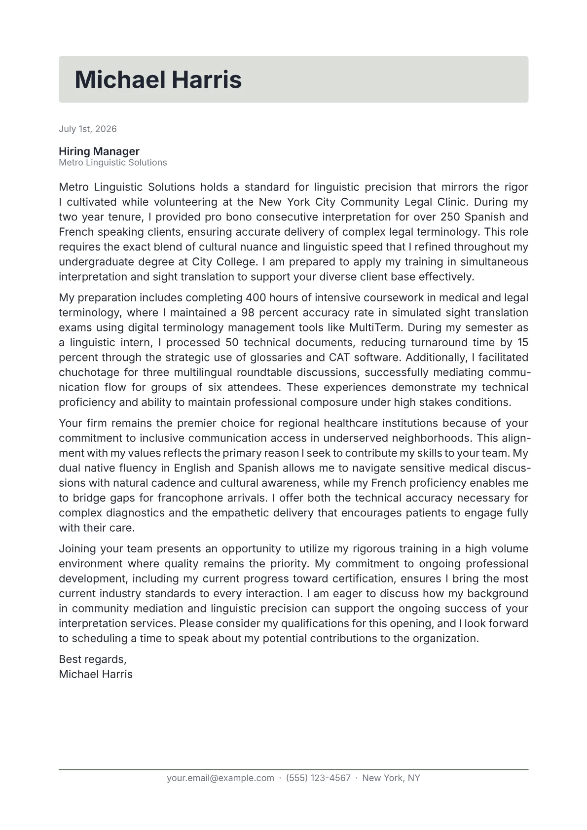 Interpreter cover letter in the Letterhead design