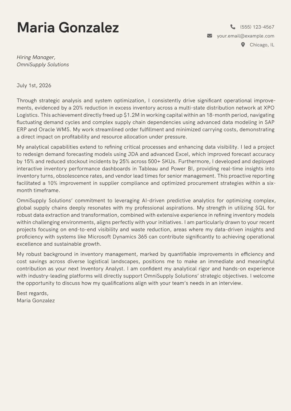 Inventory Analyst cover letter formatted with a JobSprout template