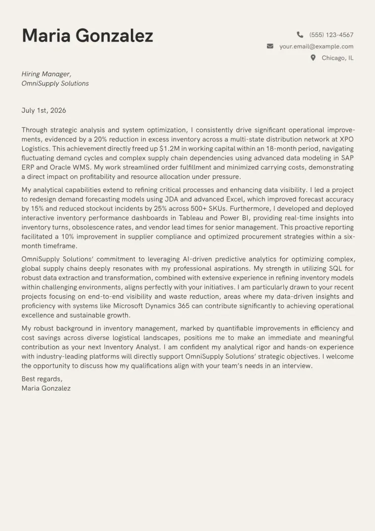 Inventory Analyst cover letter example preview