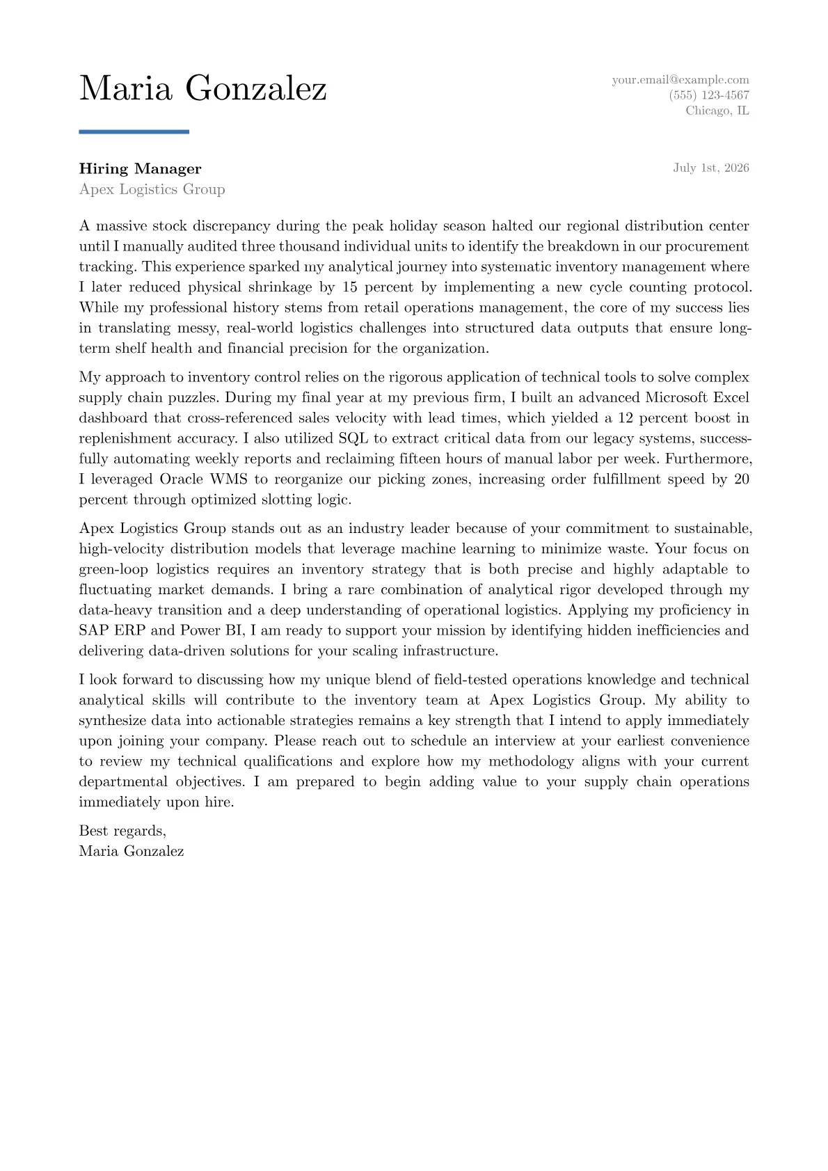 Inventory Analyst cover letter in the Executive design