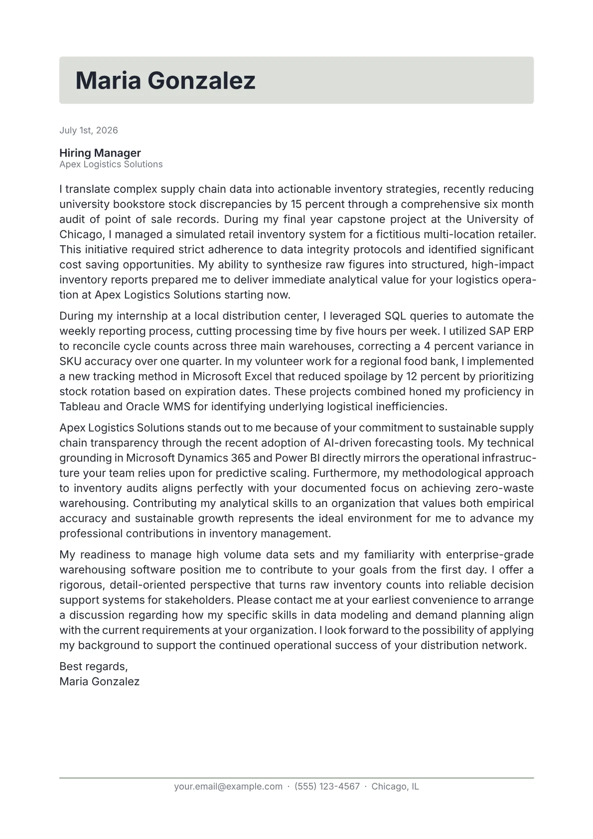Inventory Analyst cover letter in the Letterhead design