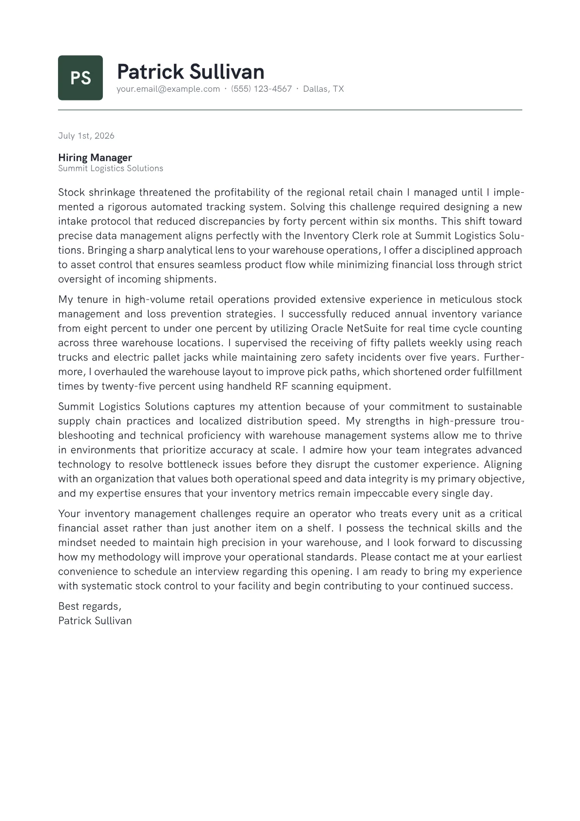 Inventory Clerk cover letter in the Emblem design