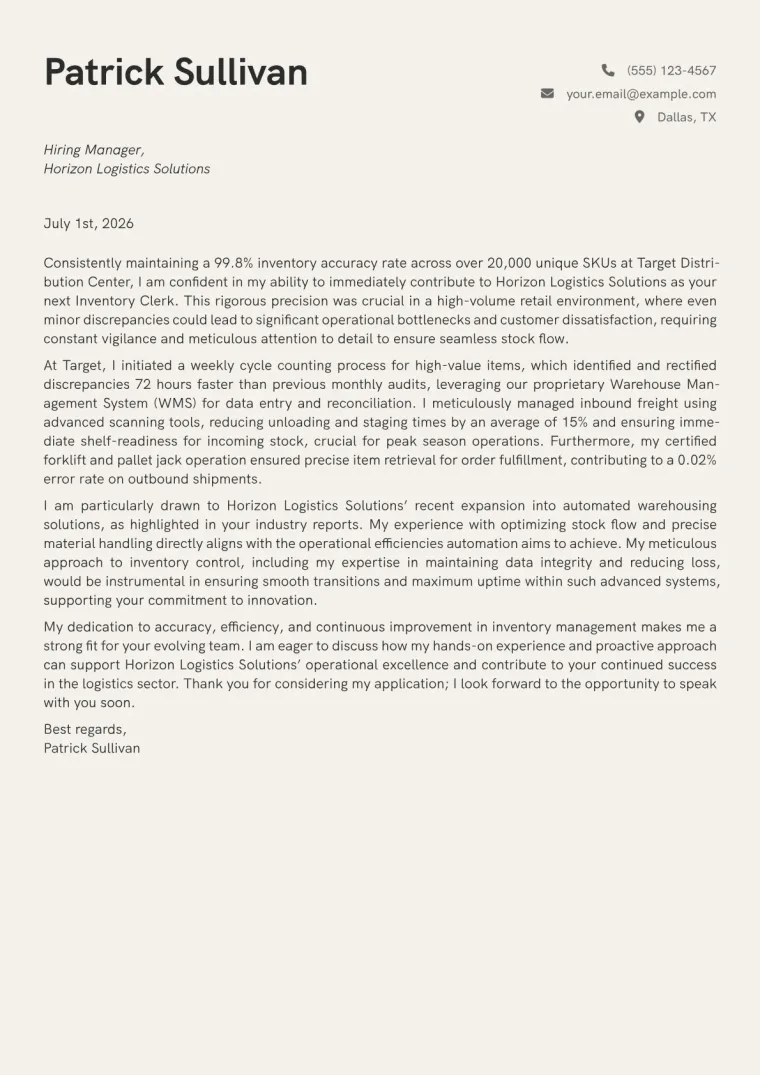 Inventory Clerk Cover Letter Example