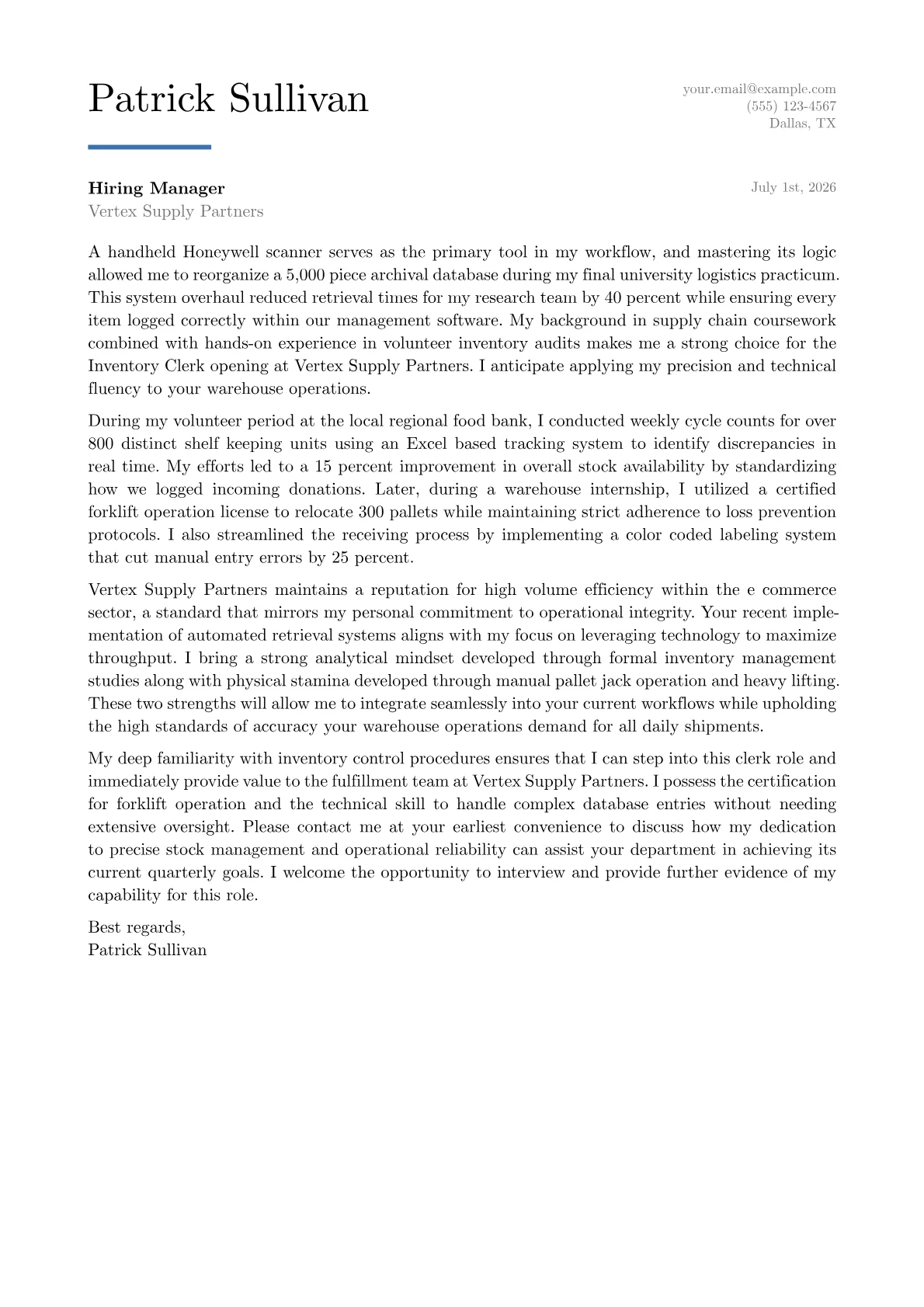Inventory Clerk cover letter in the Executive design