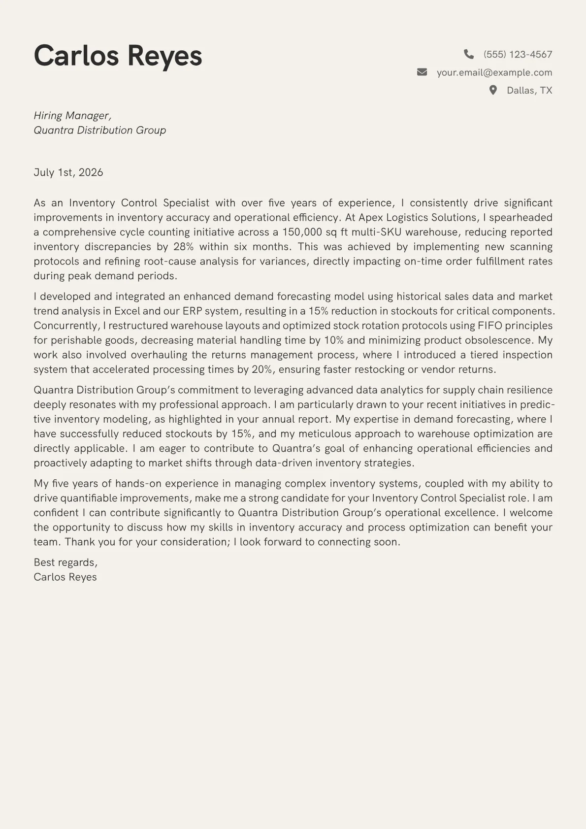 Inventory Control Specialist cover letter formatted with a JobSprout template