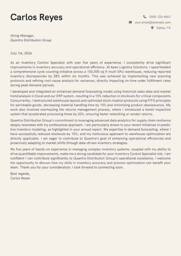 Inventory Control Specialist cover letter example preview