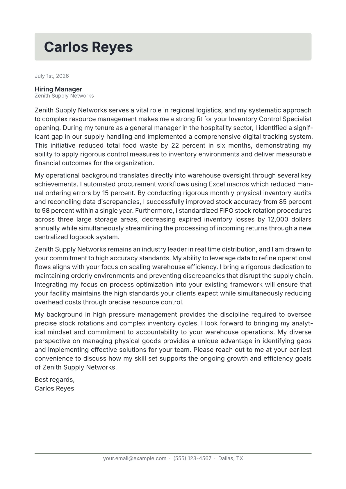 Inventory Control Specialist cover letter in the Letterhead design