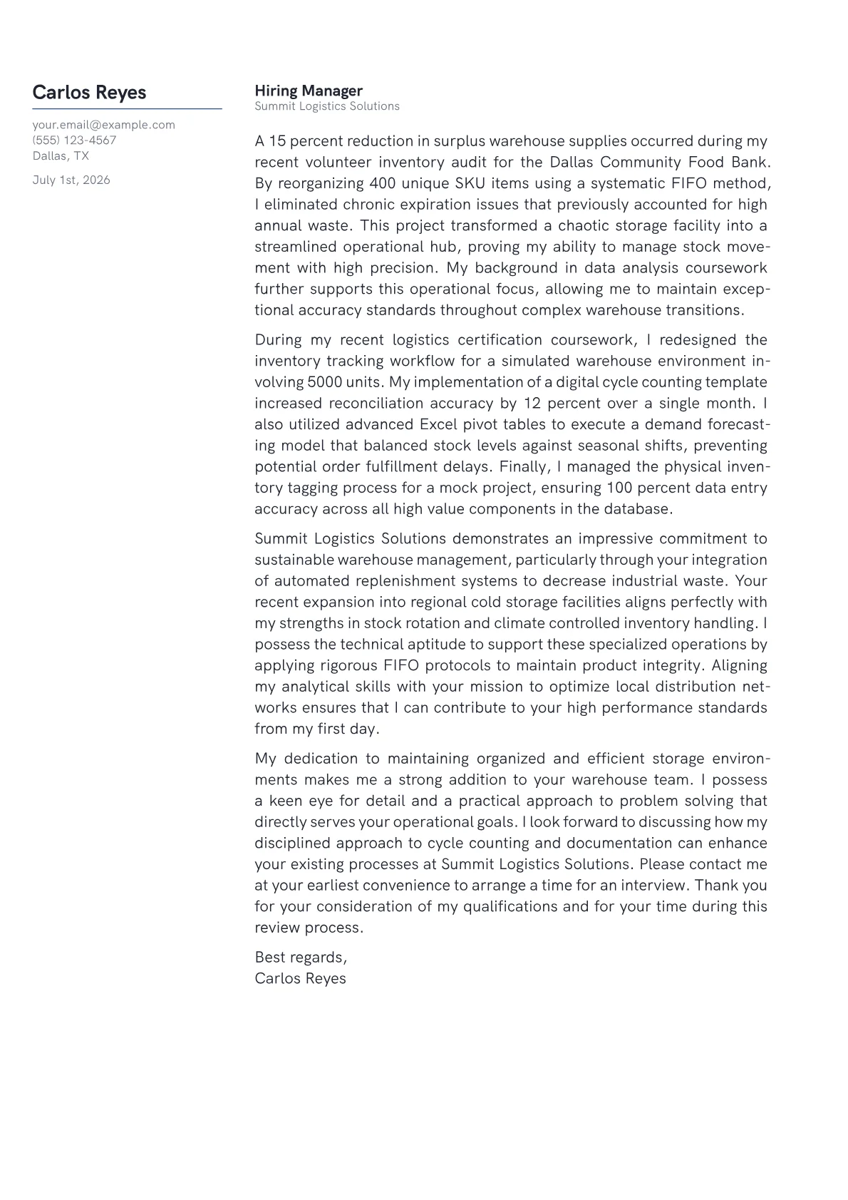 Inventory Control Specialist cover letter in the Margin design