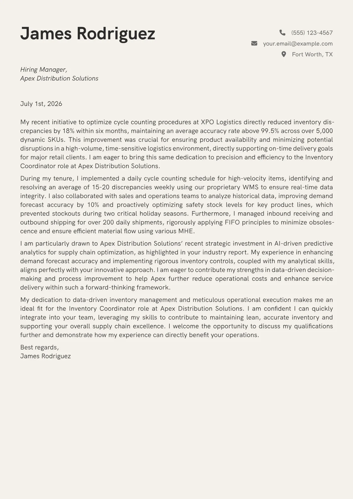 Inventory Coordinator cover letter formatted with a JobSprout template