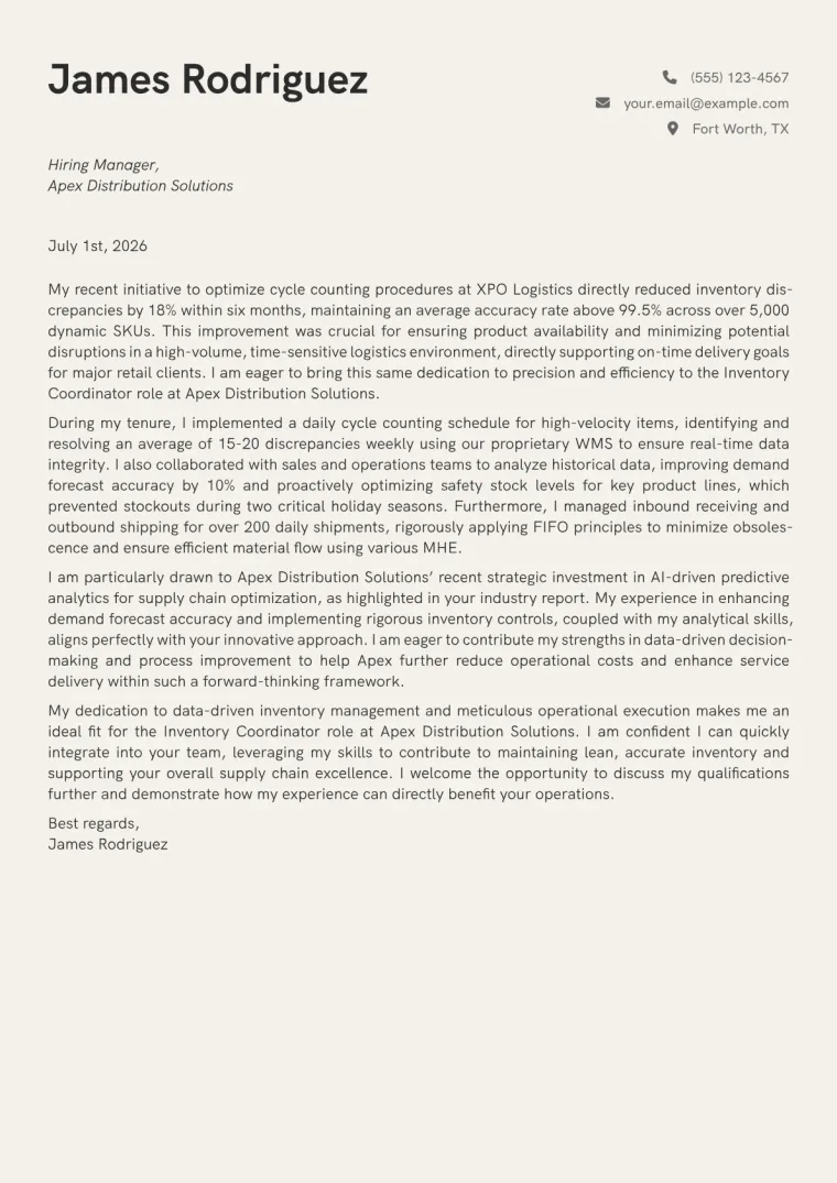 Inventory Coordinator cover letter example preview