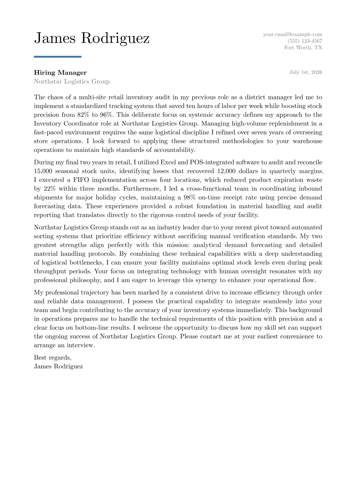 Inventory Coordinator cover letter in the Executive design