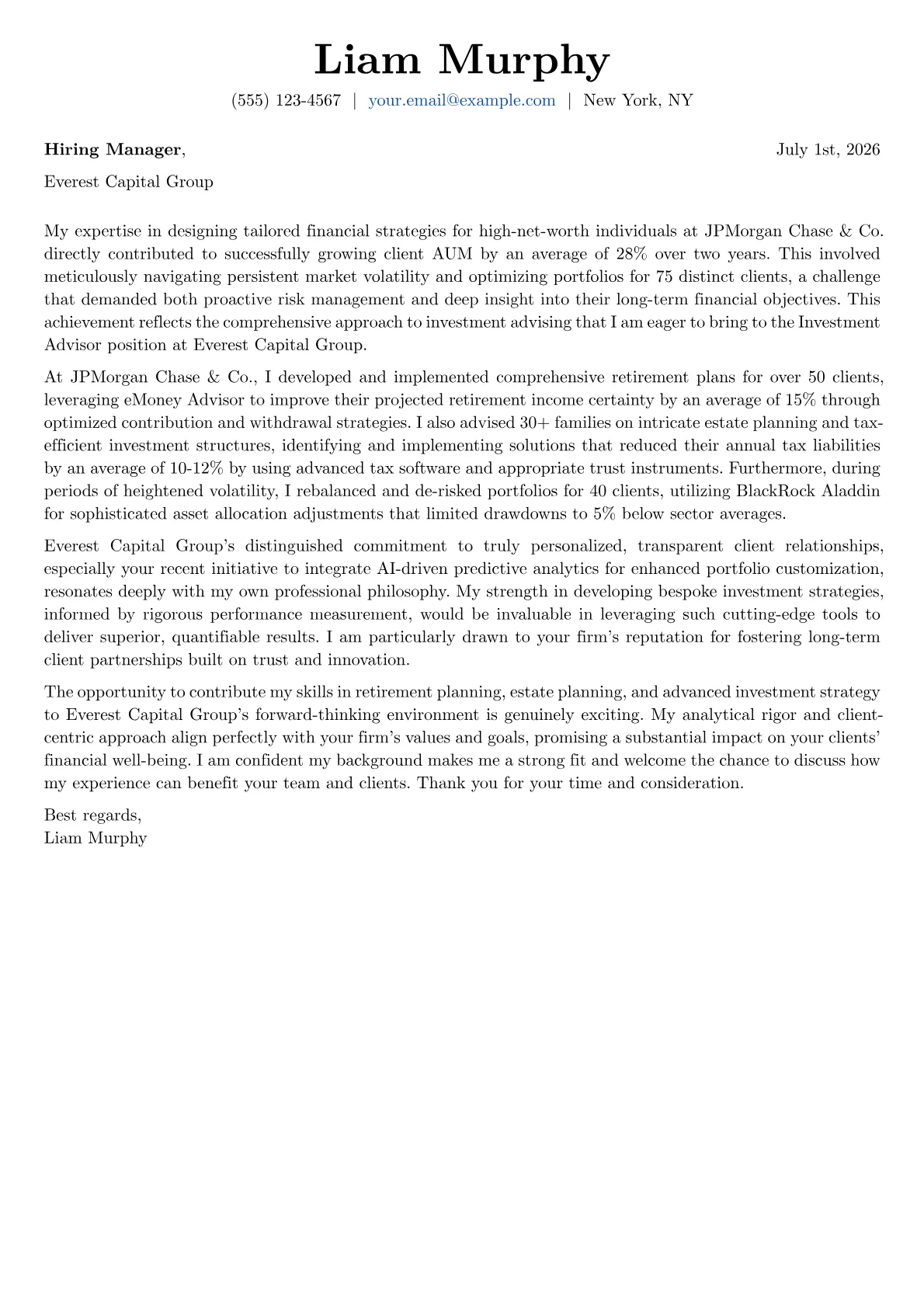 Investment Advisor cover letter formatted with a JobSprout template