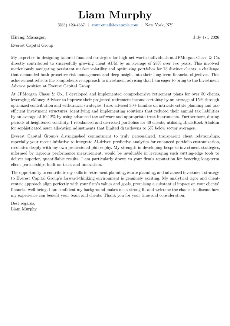 Investment Advisor Cover Letter Example