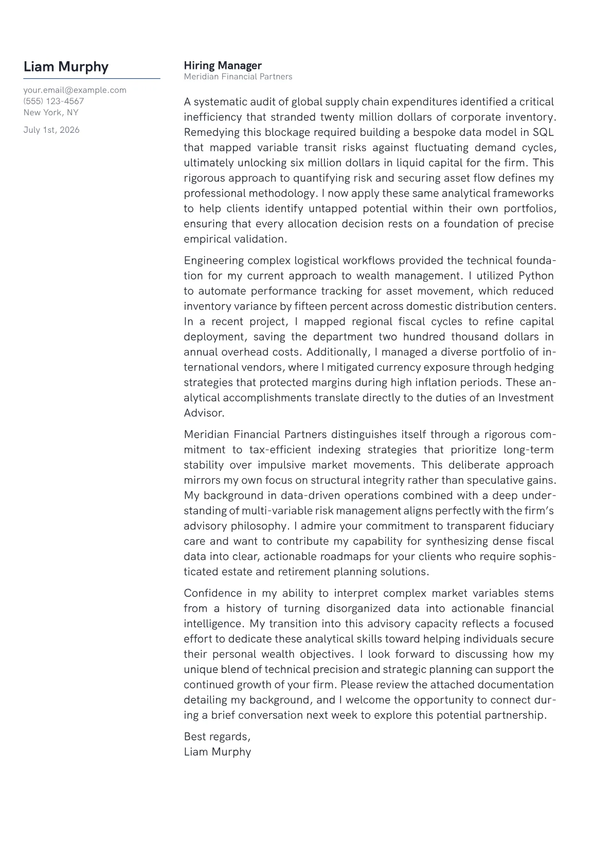 Investment Advisor cover letter in the Margin design