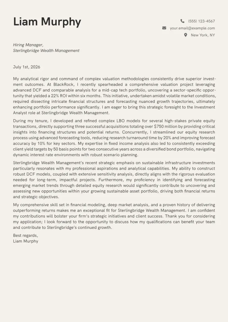 Investment Analyst Cover Letter Example