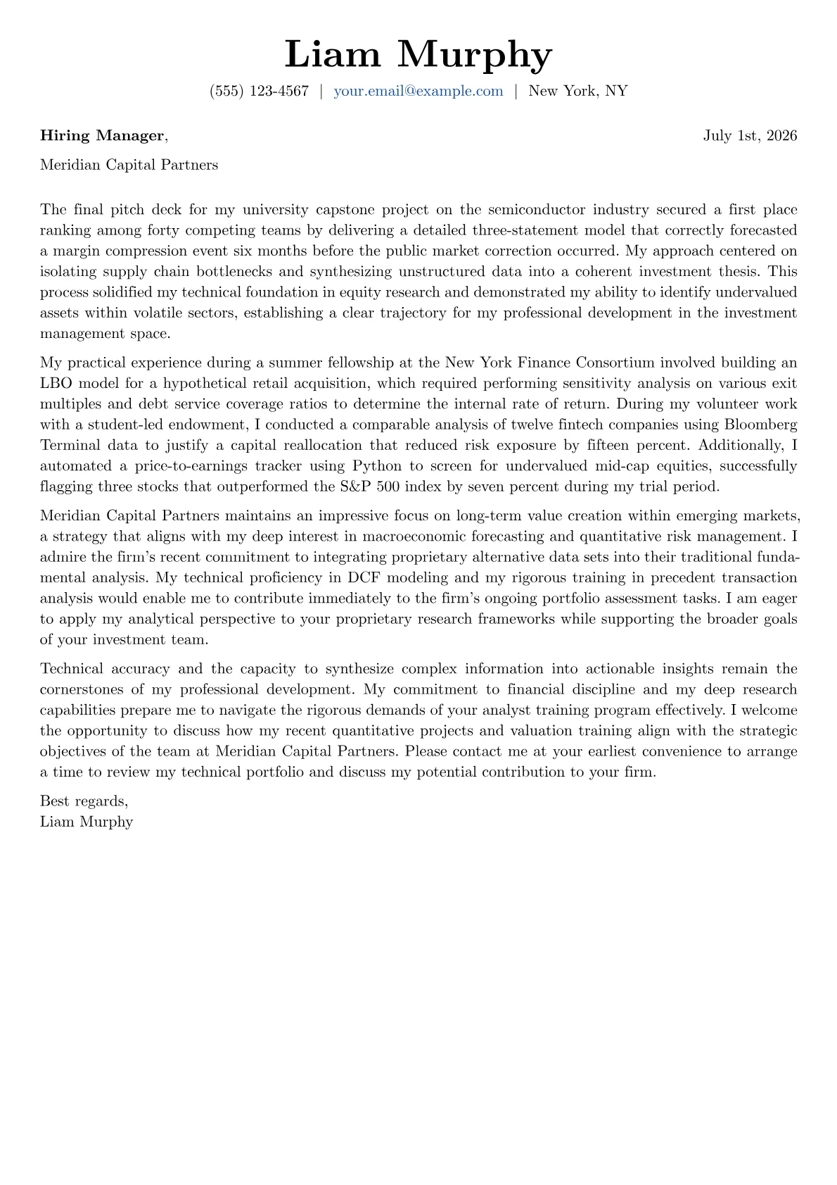 Investment Analyst cover letter in the Basic design