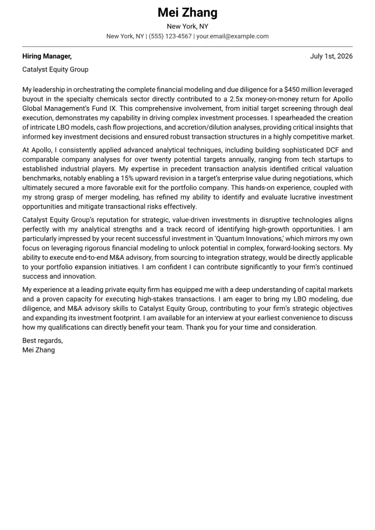 Investment and Acquisition cover letter example preview