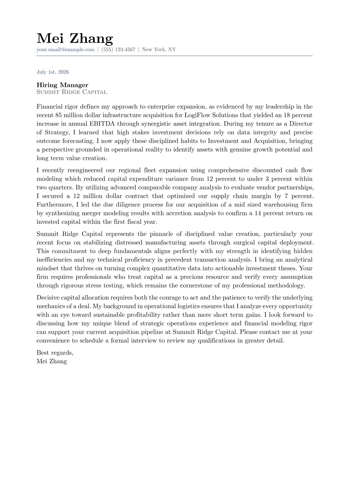 Investment and Acquisition cover letter in the Classic design