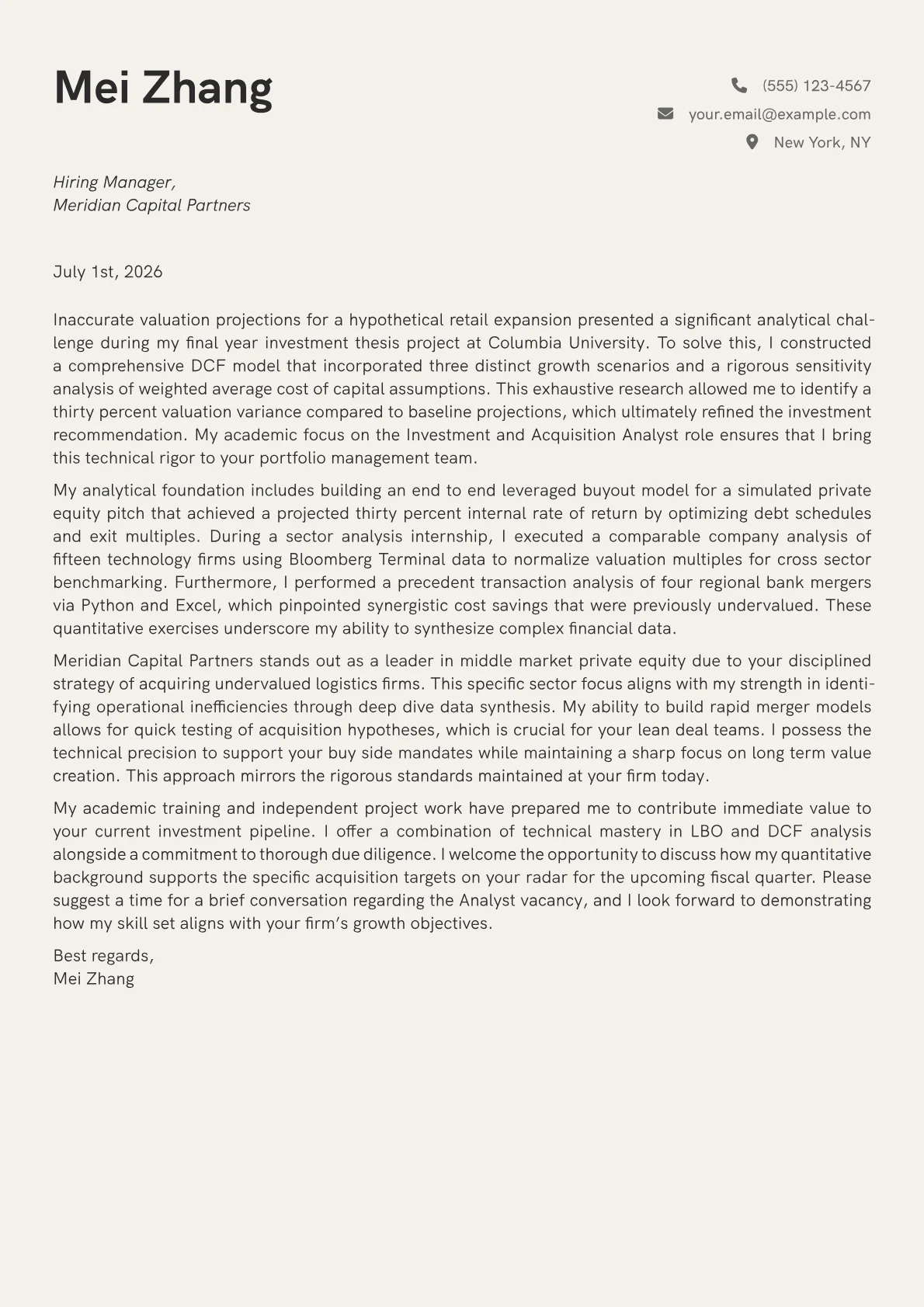 Investment and Acquisition cover letter in the Creative design