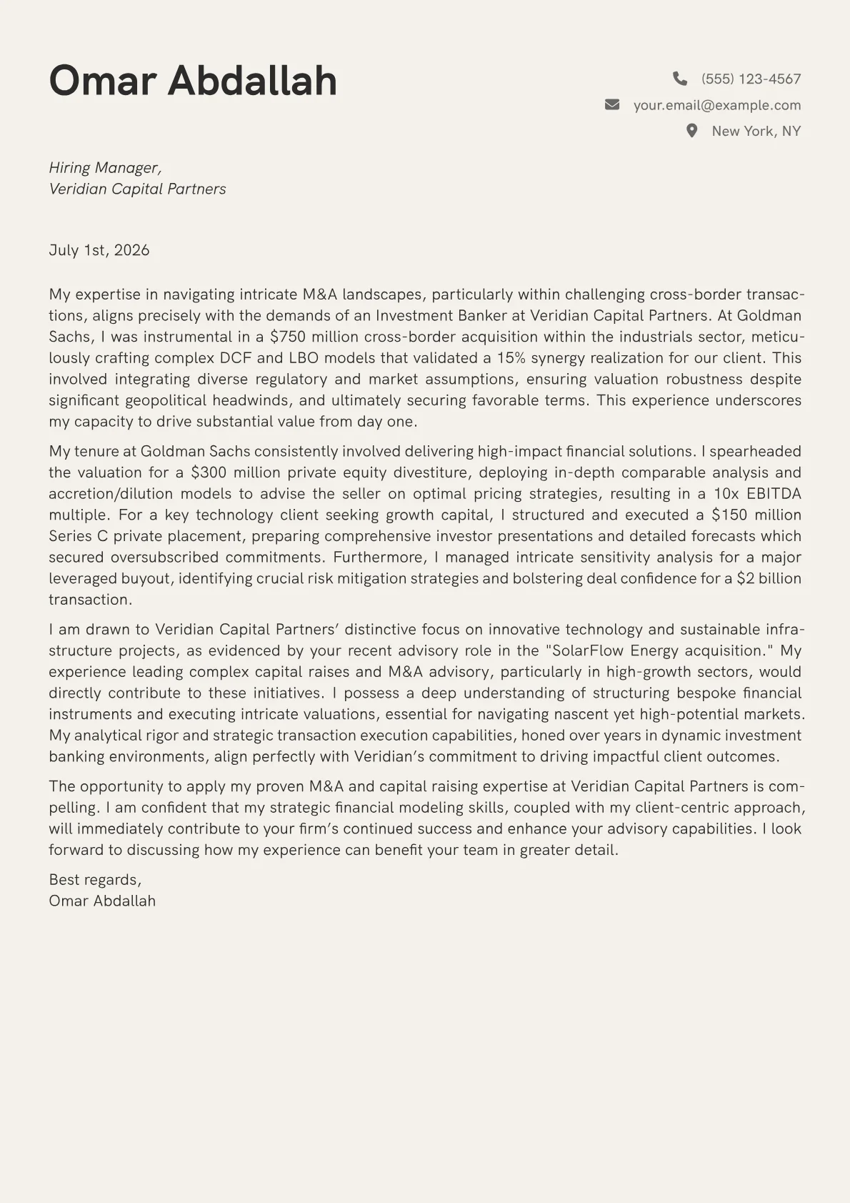 Investment Banker cover letter formatted with a JobSprout template