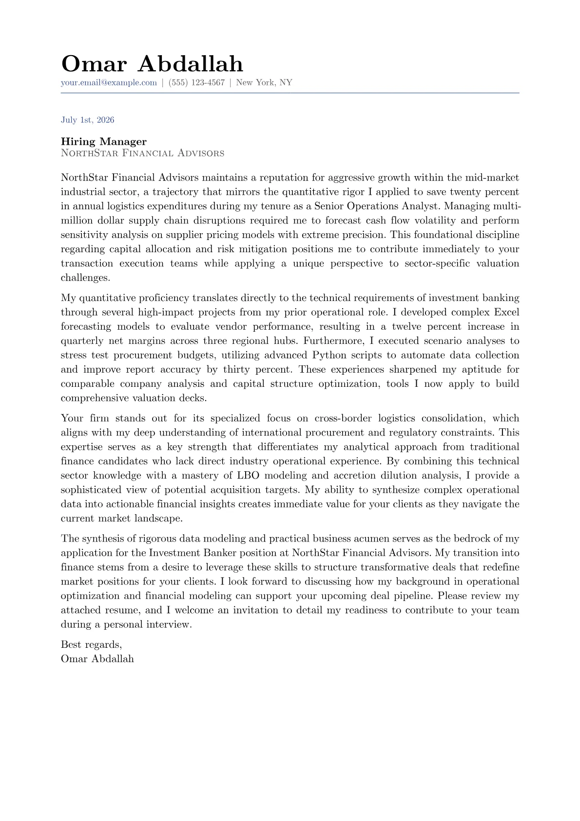 Investment Banker cover letter in the Classic design
