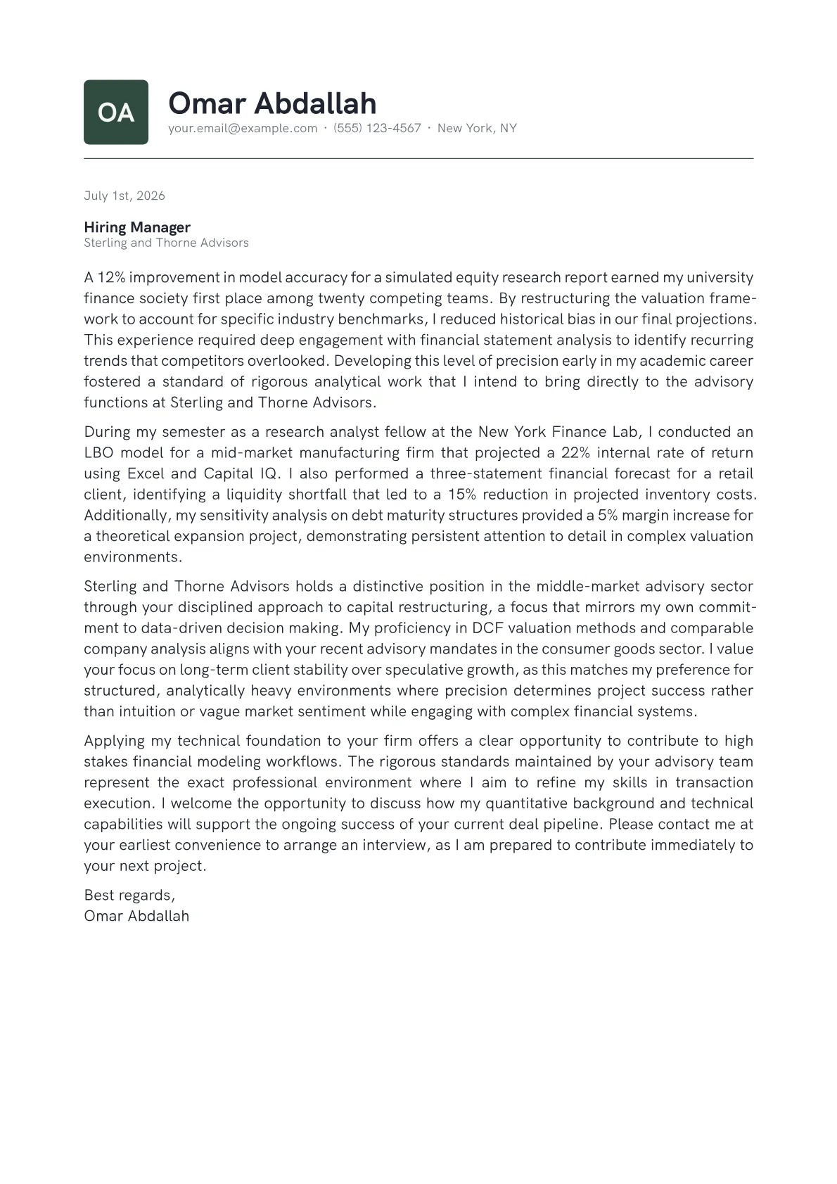 Investment Banker cover letter in the Emblem design