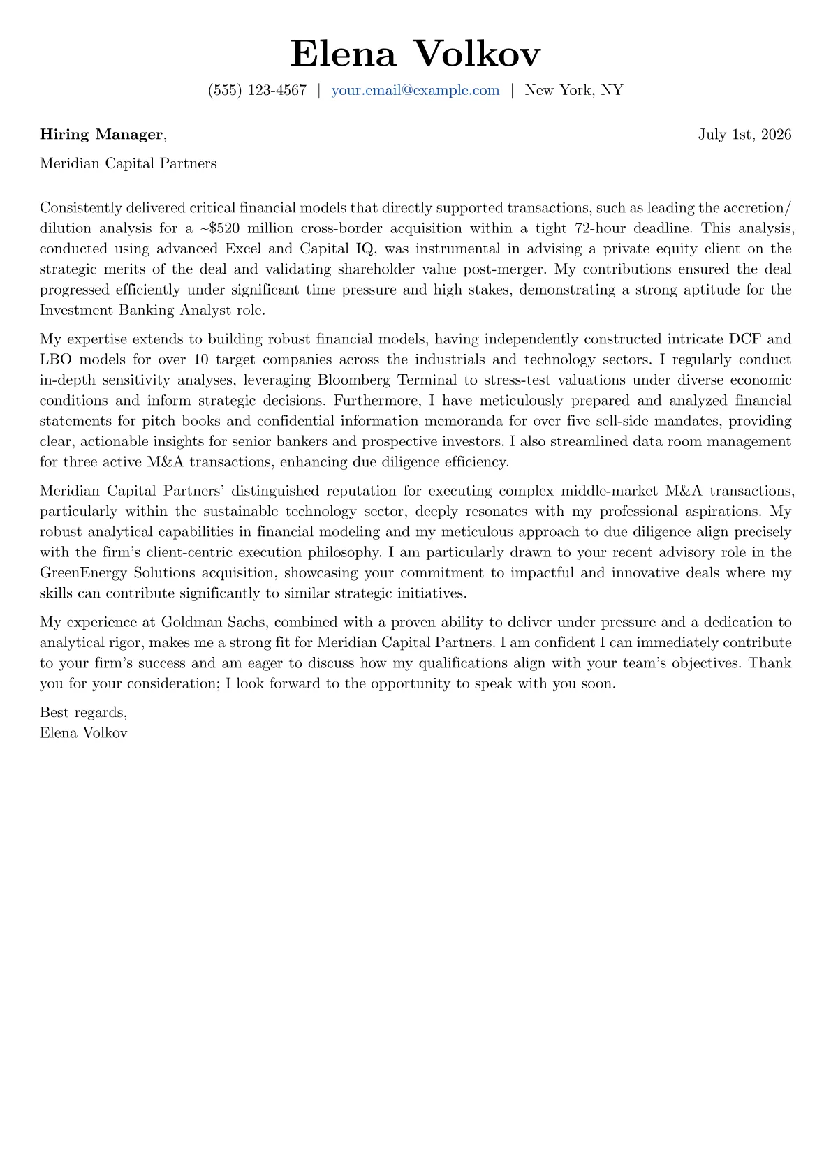 Investment Banking Analyst cover letter formatted with a JobSprout template