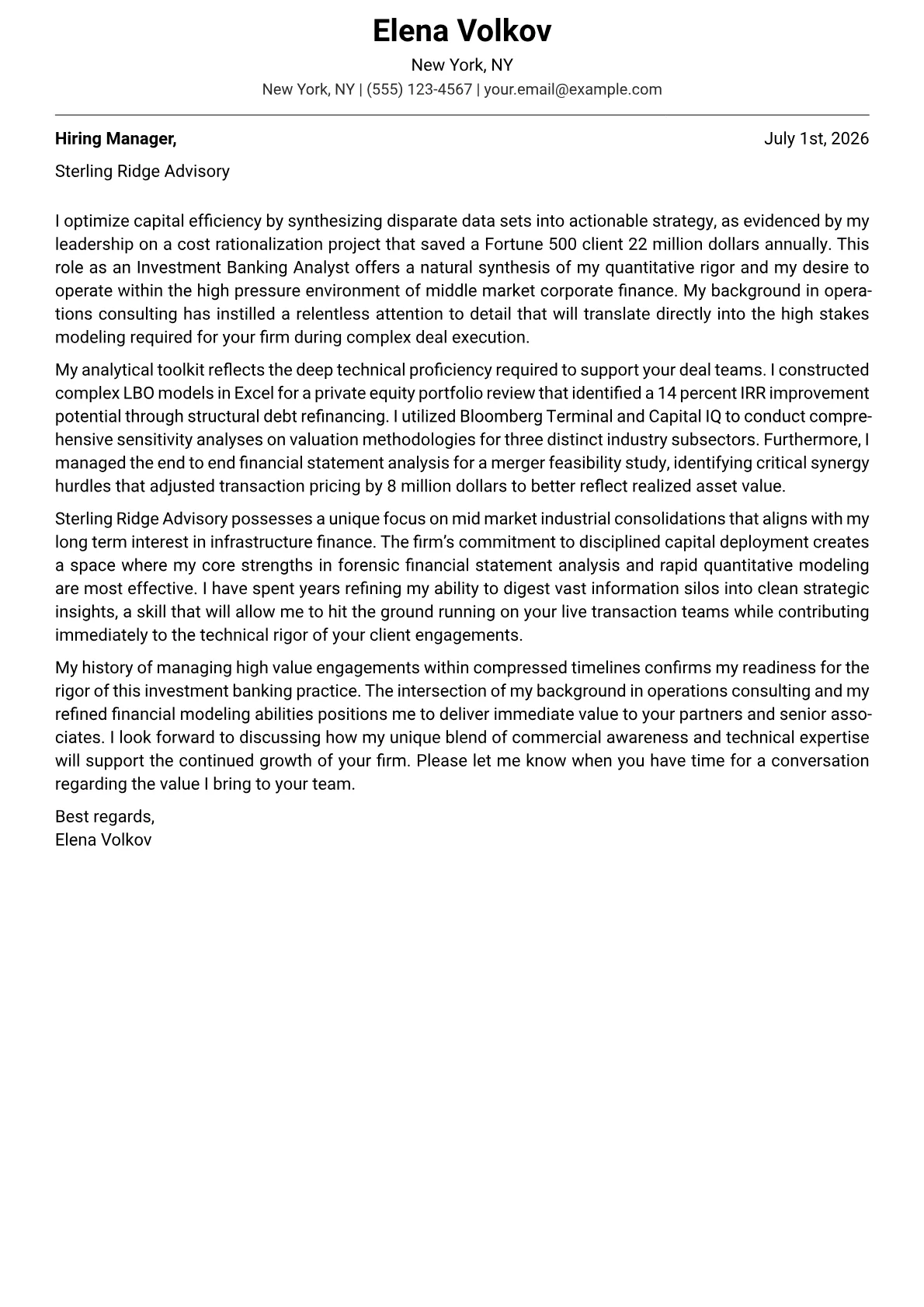 Investment Banking Analyst cover letter in the Modern design