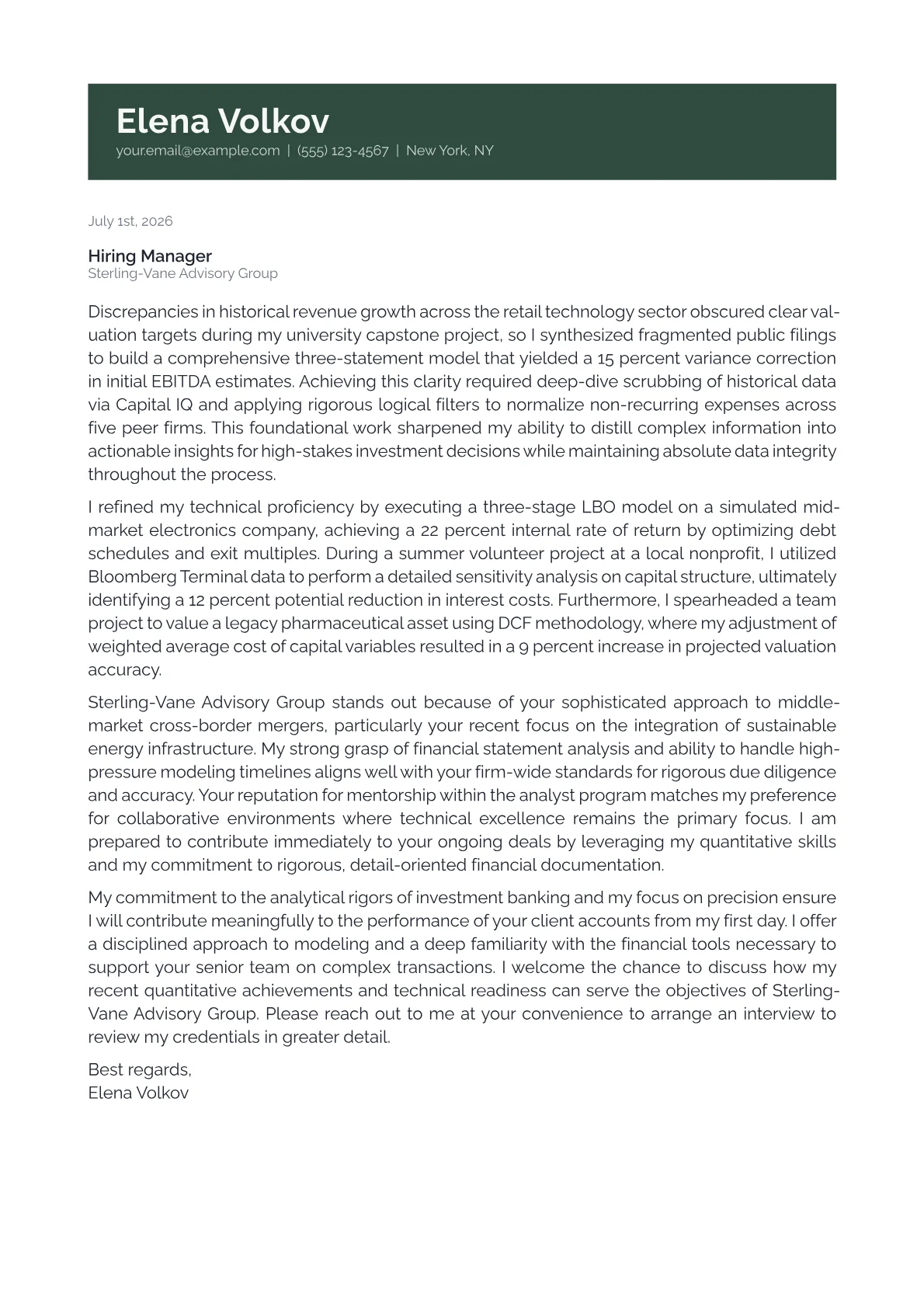 Investment Banking Analyst cover letter in the Banner design