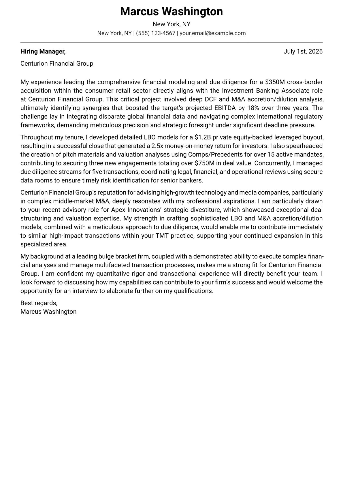 Investment Banking Associate cover letter formatted with a JobSprout template