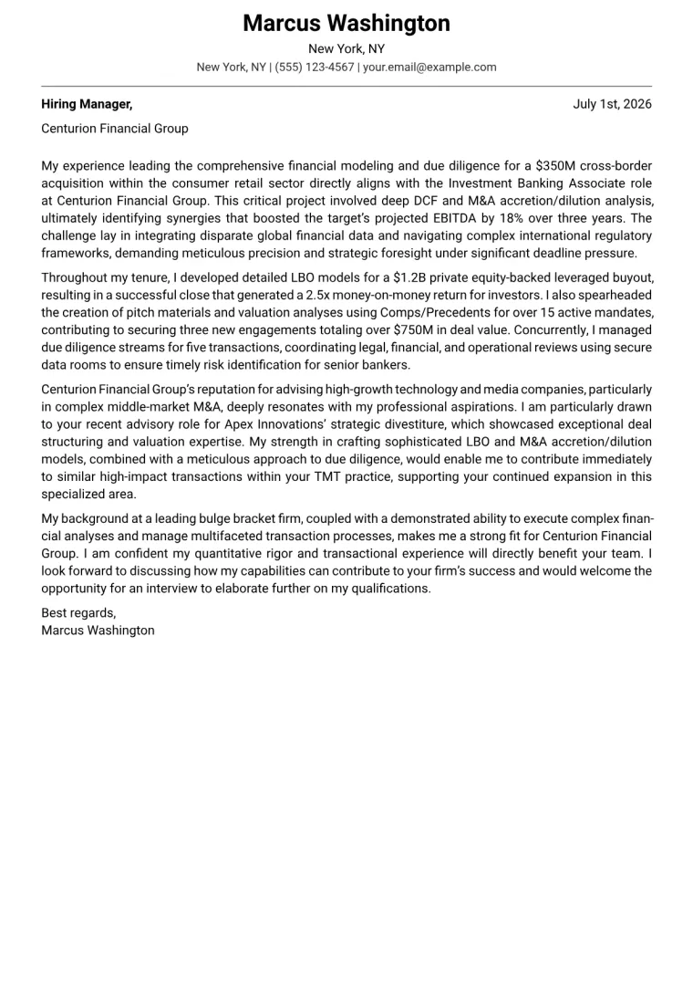 Investment Banking Associate cover letter example preview