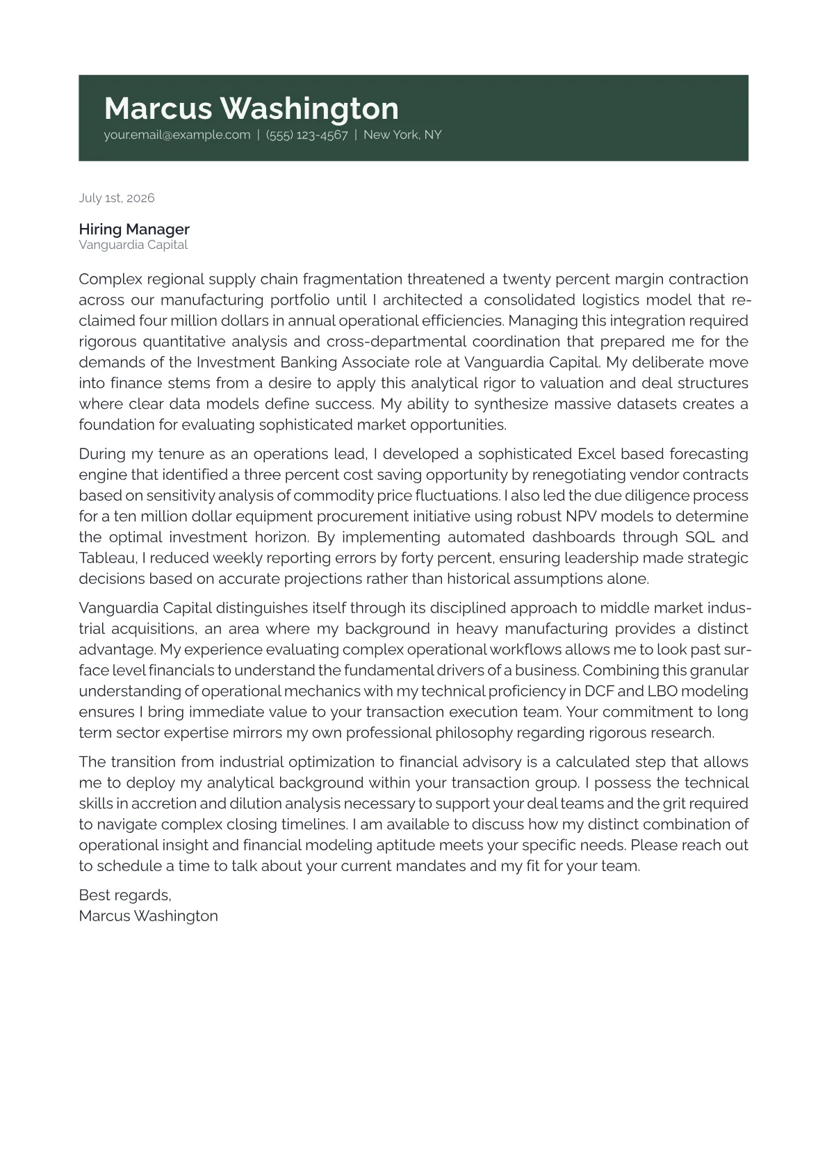 Investment Banking Associate cover letter in the Banner design