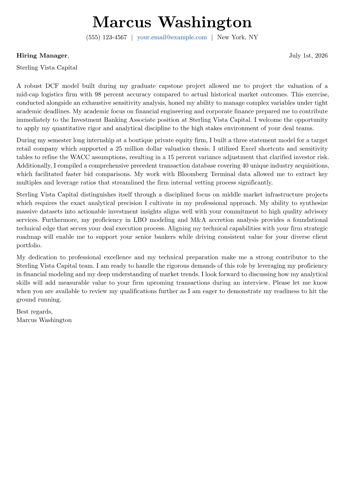 Investment Banking Associate cover letter in the Basic design