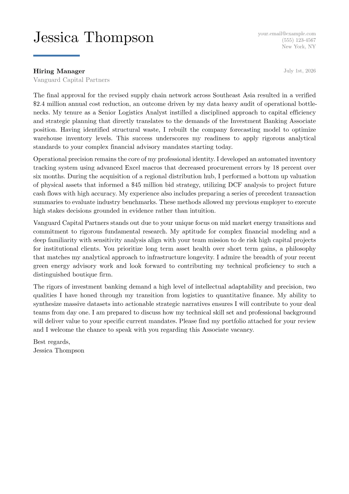 Investment Banking cover letter in the Executive design