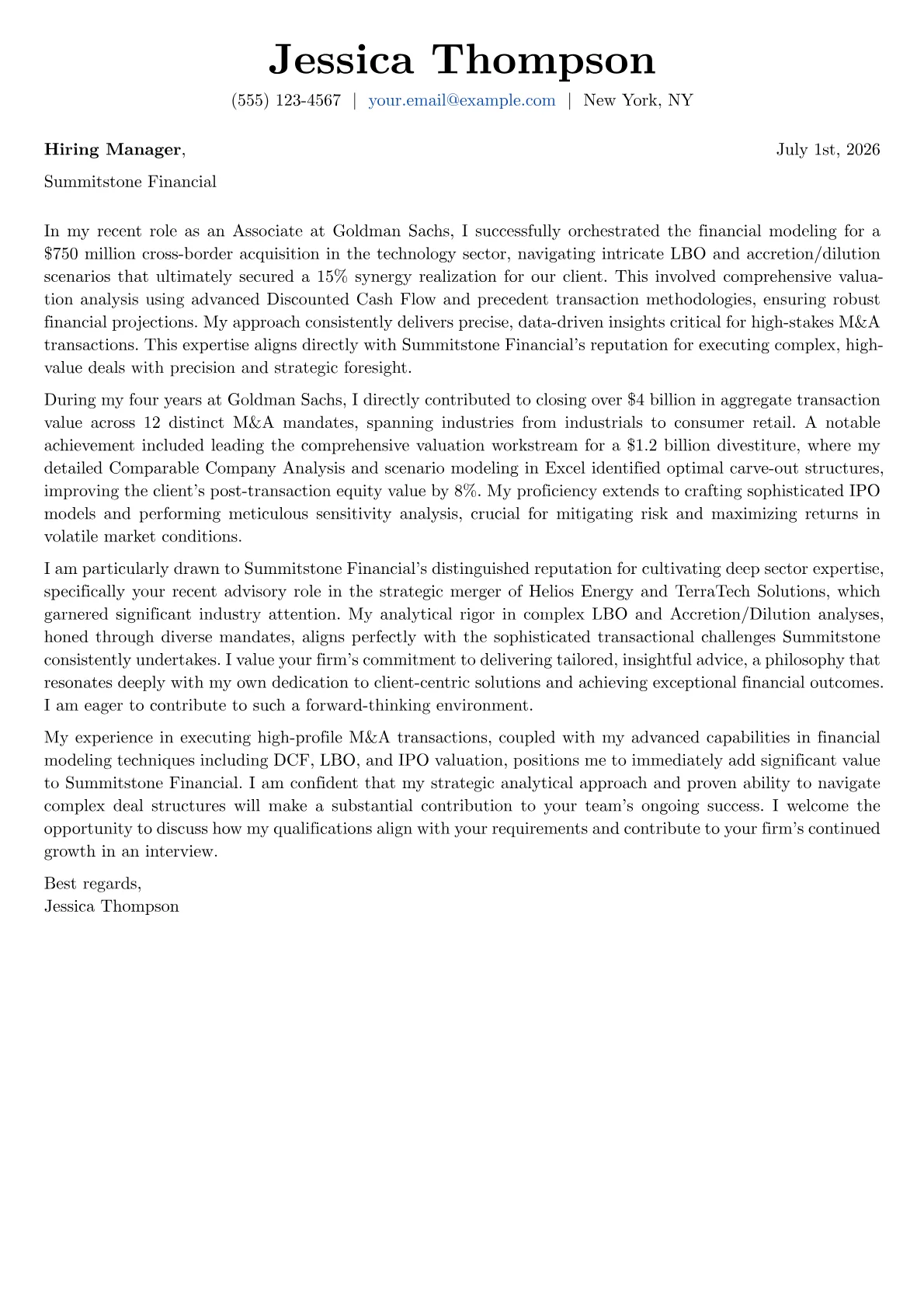 Investment Banking cover letter formatted with a JobSprout template