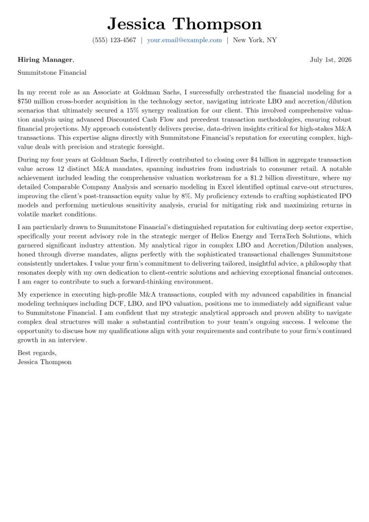 Investment Banking cover letter example preview