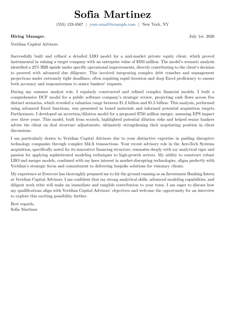 Investment Banking Intern Cover Letter Example