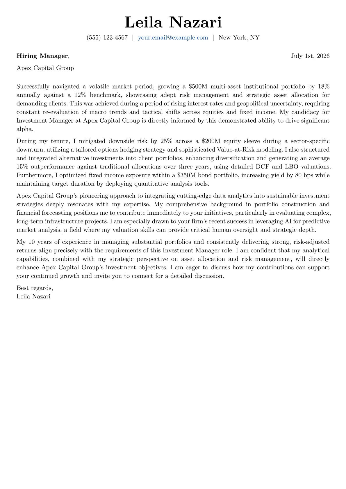 Investment Manager cover letter formatted with a JobSprout template