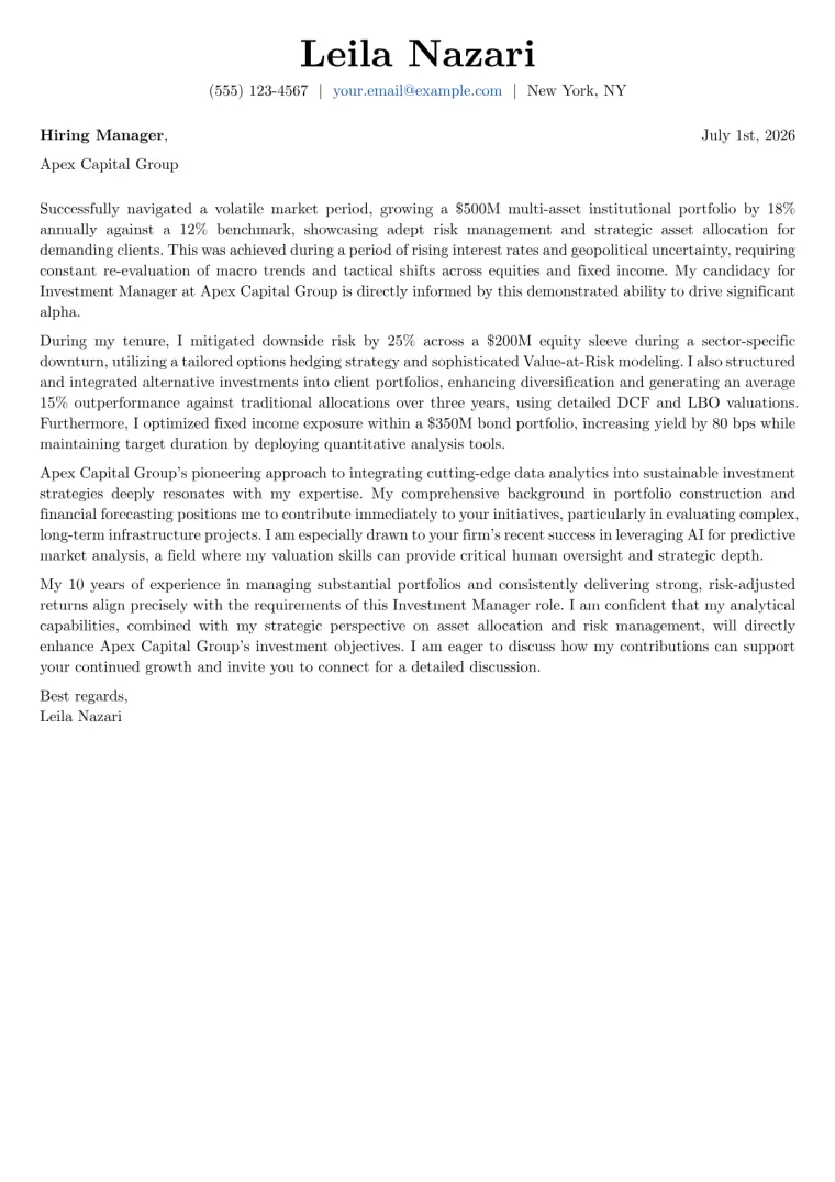 Investment Manager cover letter example preview