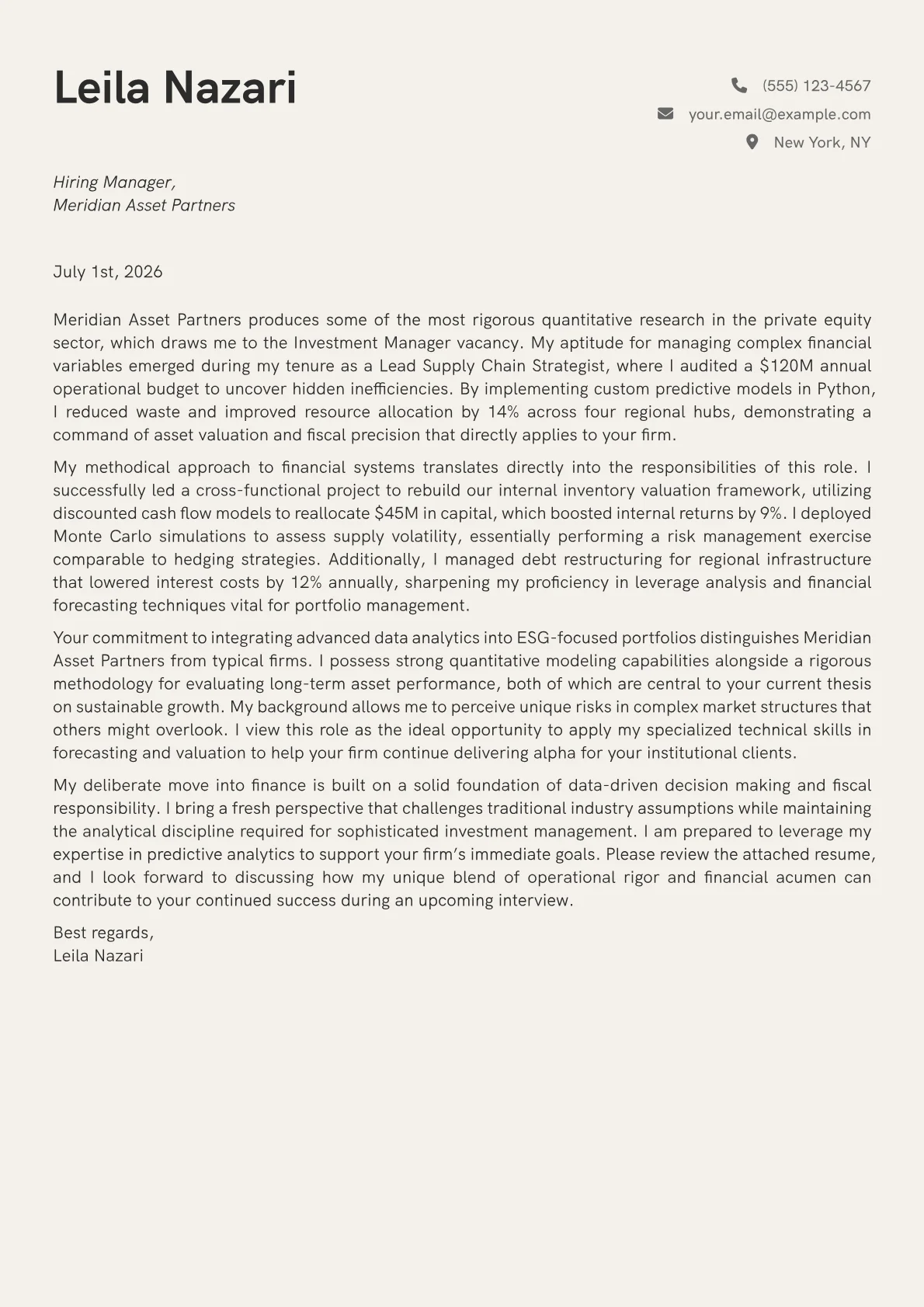 Investment Manager cover letter in the Creative design
